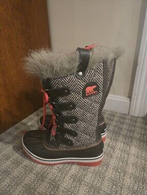 Sorel Kids Waterproof Herringbone Boots with Gray Faux Fur and Red Accents